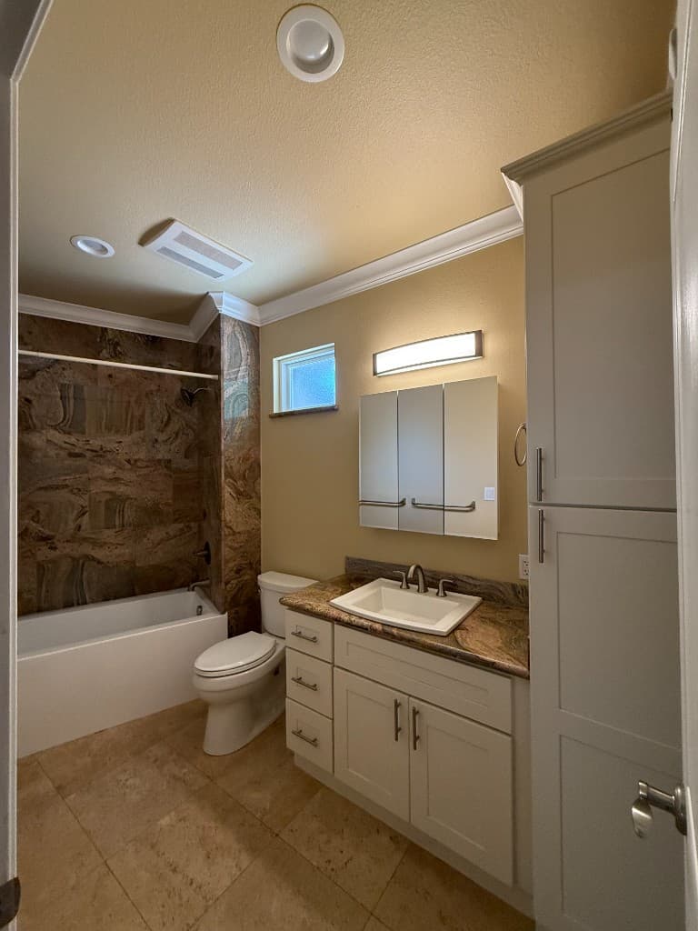 Bathroom remodel — vanity, toilet, and tub with stone tile