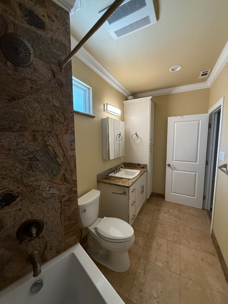 Bathroom remodel — wide view of vanity and shower area