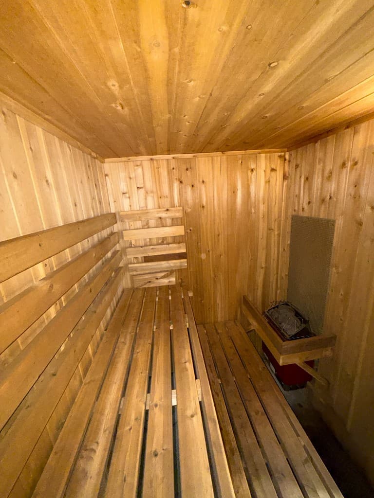Custom sauna — interior with heater and tiered benches
